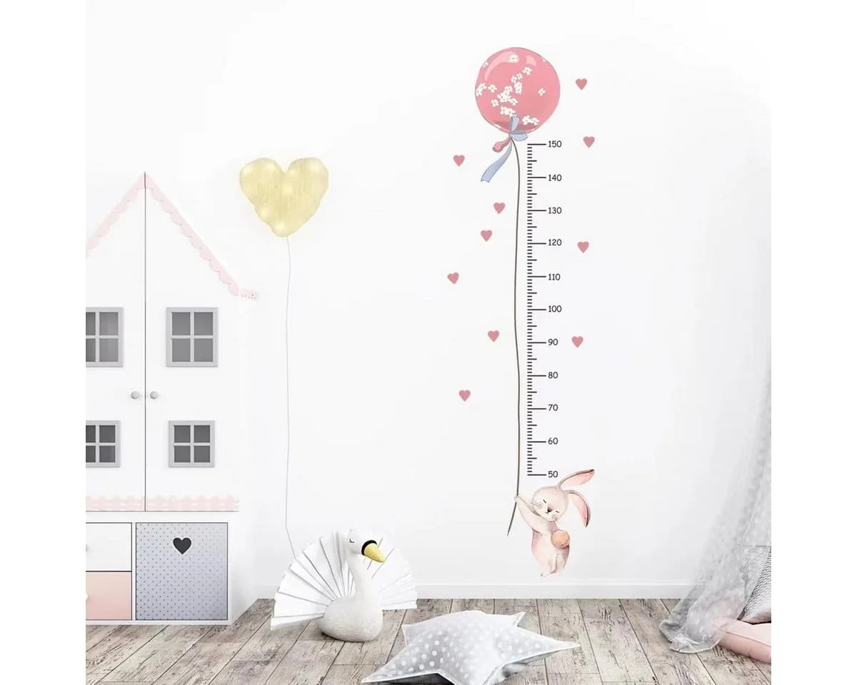 Montegoni Wandtattoo Kinderzimmer Rosa Kaninchen-Ballon Höhenmesslineal 2 Stück