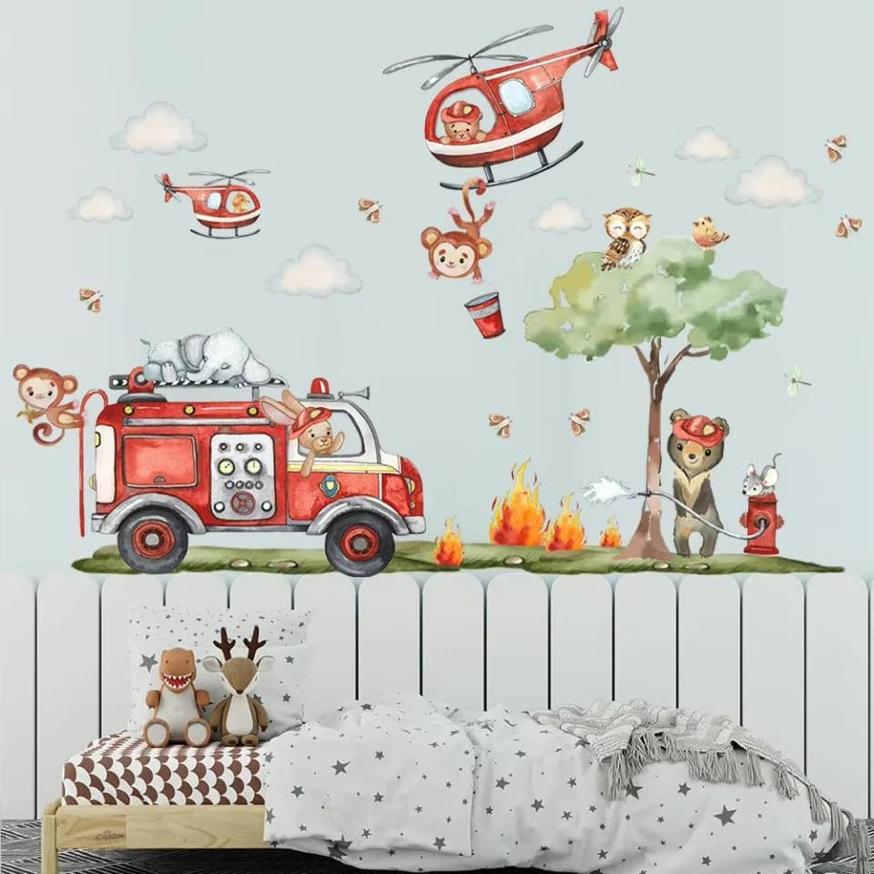 Montegoni Wandsticker Cartoon Feuerwehr Bunt Selbstklebend Kinderzimmerdeko