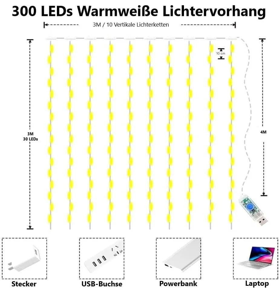 Montegoni Lichterkette 3x3M 300 LED USB Fernbedienung 8 Modi Warmweiß IP65 - Bild 3