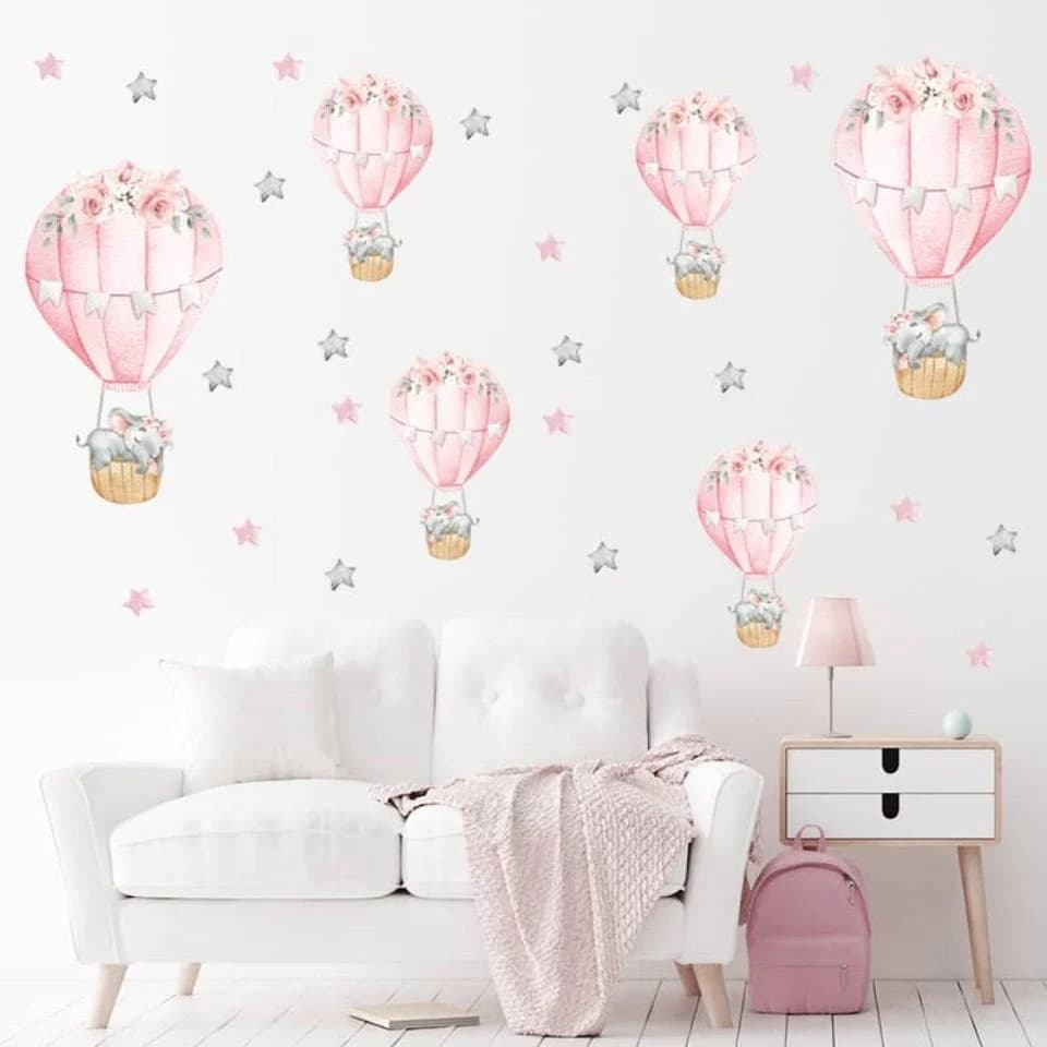 Montegoni Wandsticker Rosa Schlafender Babyelefant mit Heißluftballon