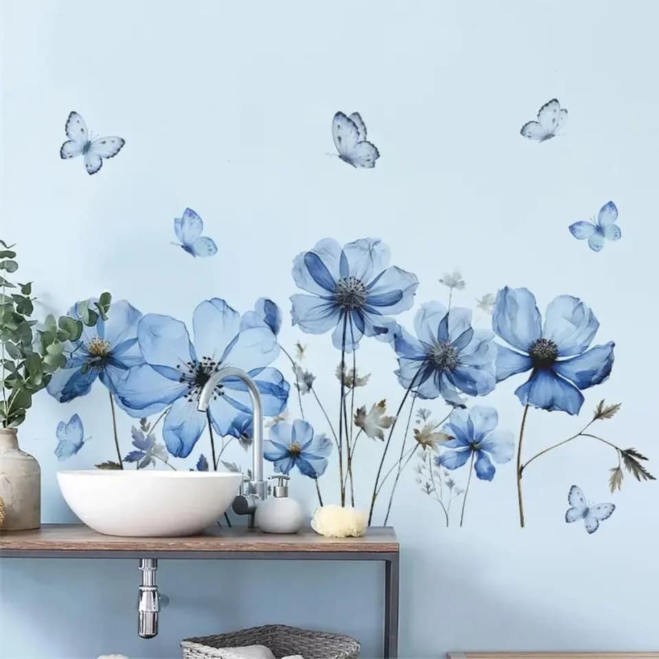 Montegoni Wandtattoo Blumen & Schmetterlinge Blau Selbstklebend Wasserdicht - Bild 2