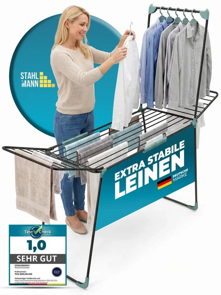 STAHLMANN Wäscheständer Schwarz XXL 30 m mit Kleiderstange, klappbar, Rollen - Bild 2