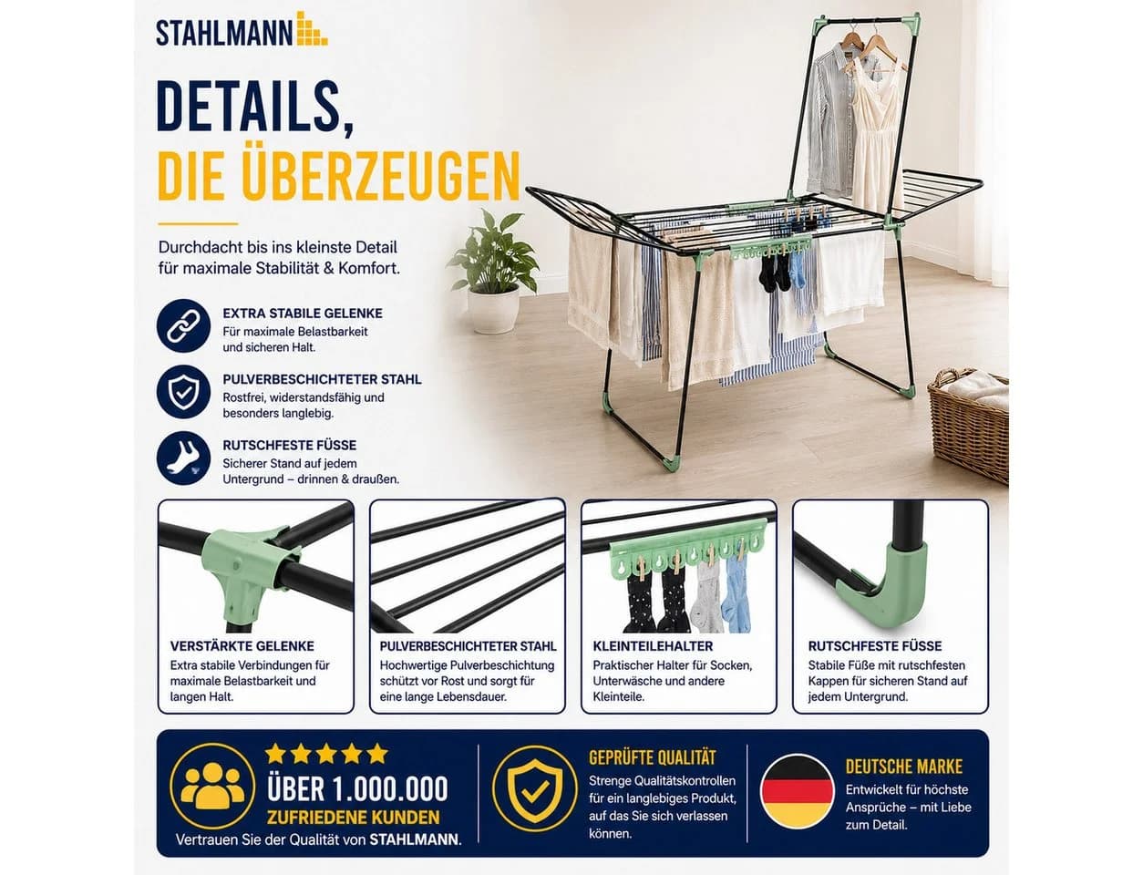 STAHLMANN Wäscheständer Schwarz XXL 30 m mit Kleiderstange, klappbar, Rollen - Bild 5