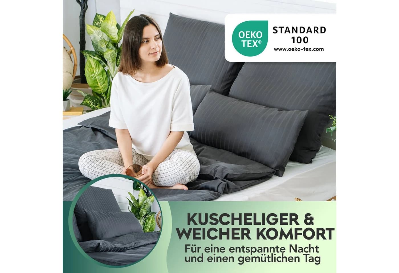 Slummer Bettwäsche 135x200 Baumwolle Damast Anthrazit Mako-Satin 4-teilig