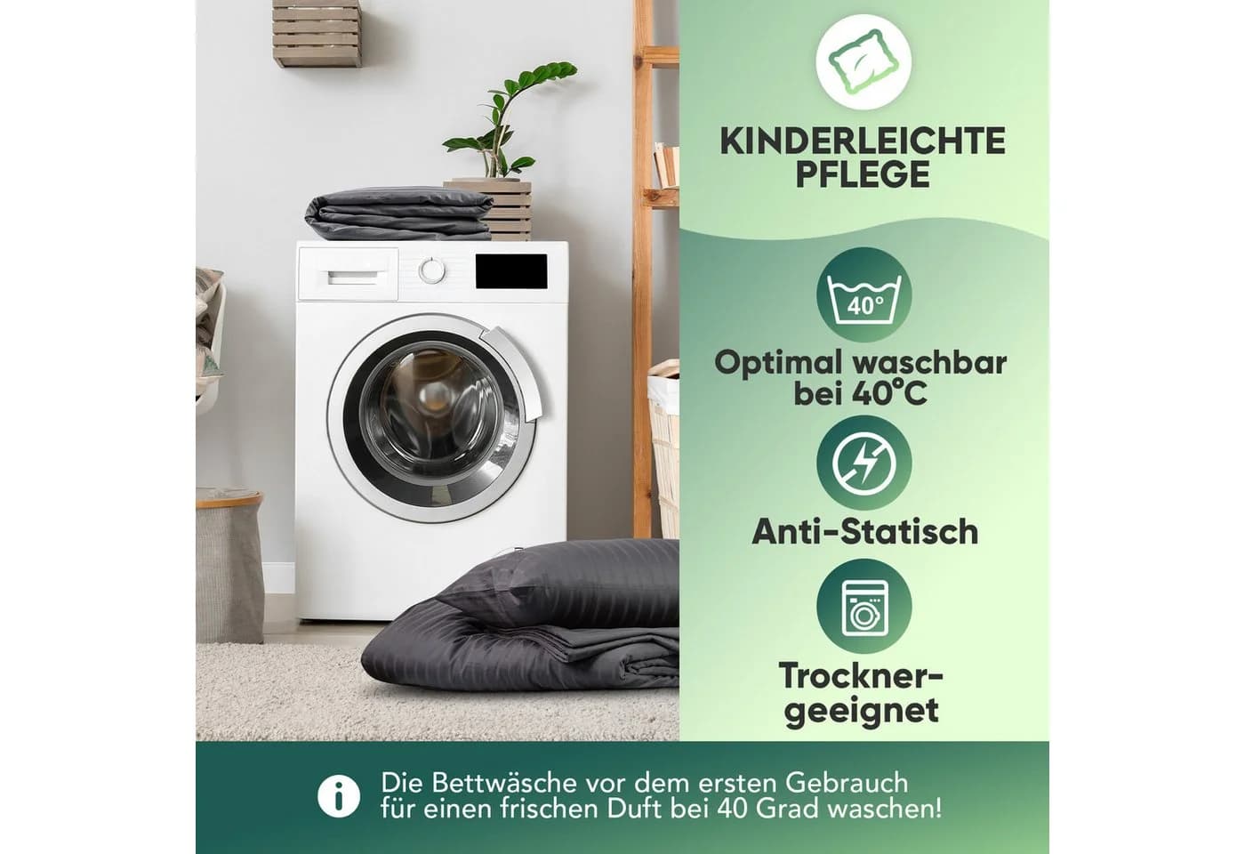 Slummer Bettwäsche 135x200 Baumwolle Damast Anthrazit Mako-Satin 4-teilig - Bild 5