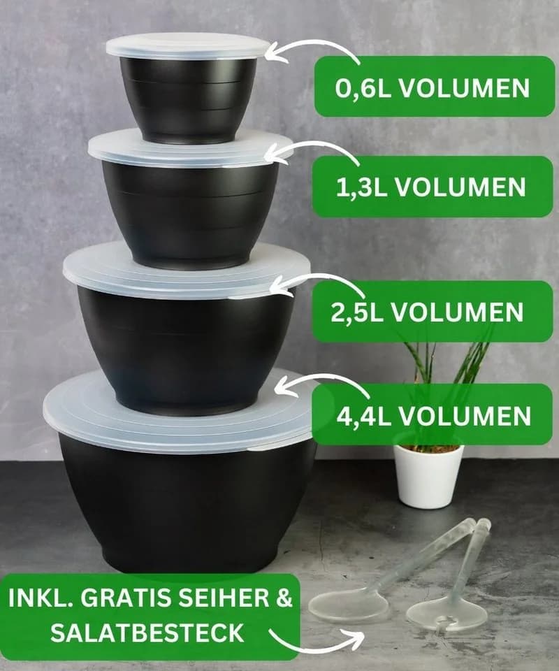 Thiru Salatschüssel 6-tlg. Schwarz mit Deckel, Seiher & Besteck