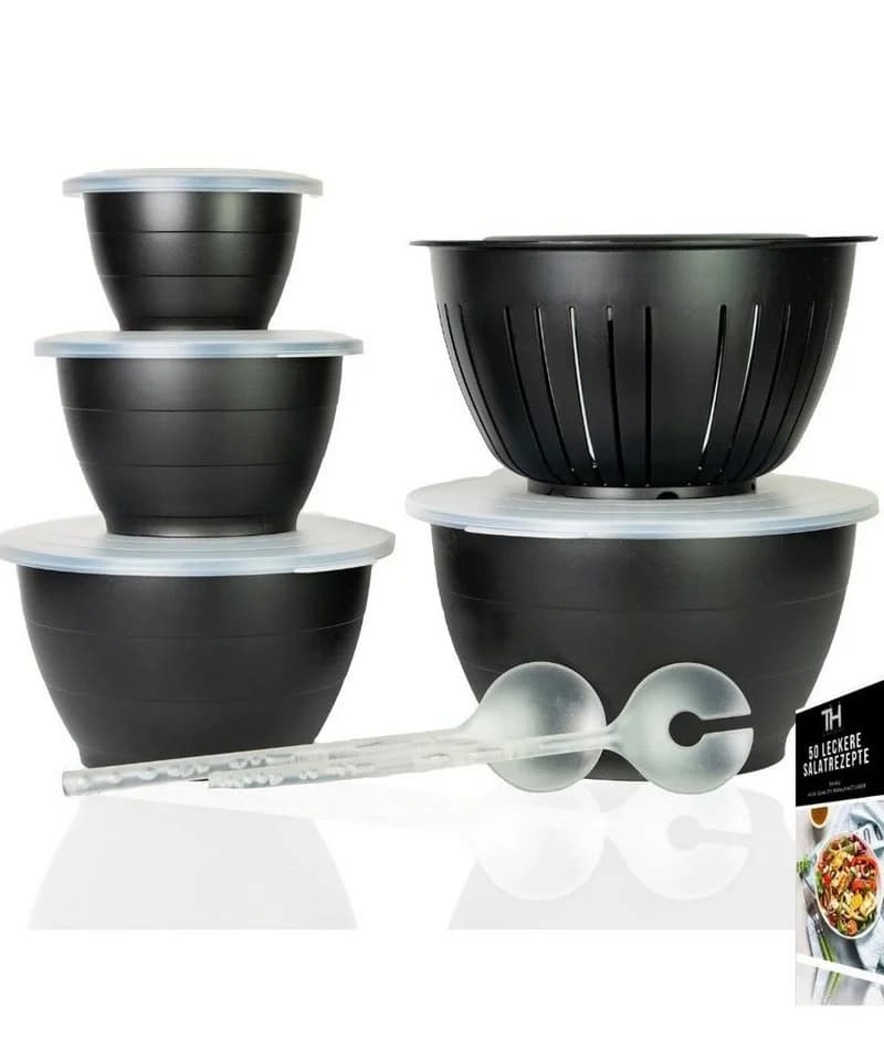 Thiru Salatschüssel 6-tlg. Schwarz mit Deckel, Seiher & Besteck - Bild 2