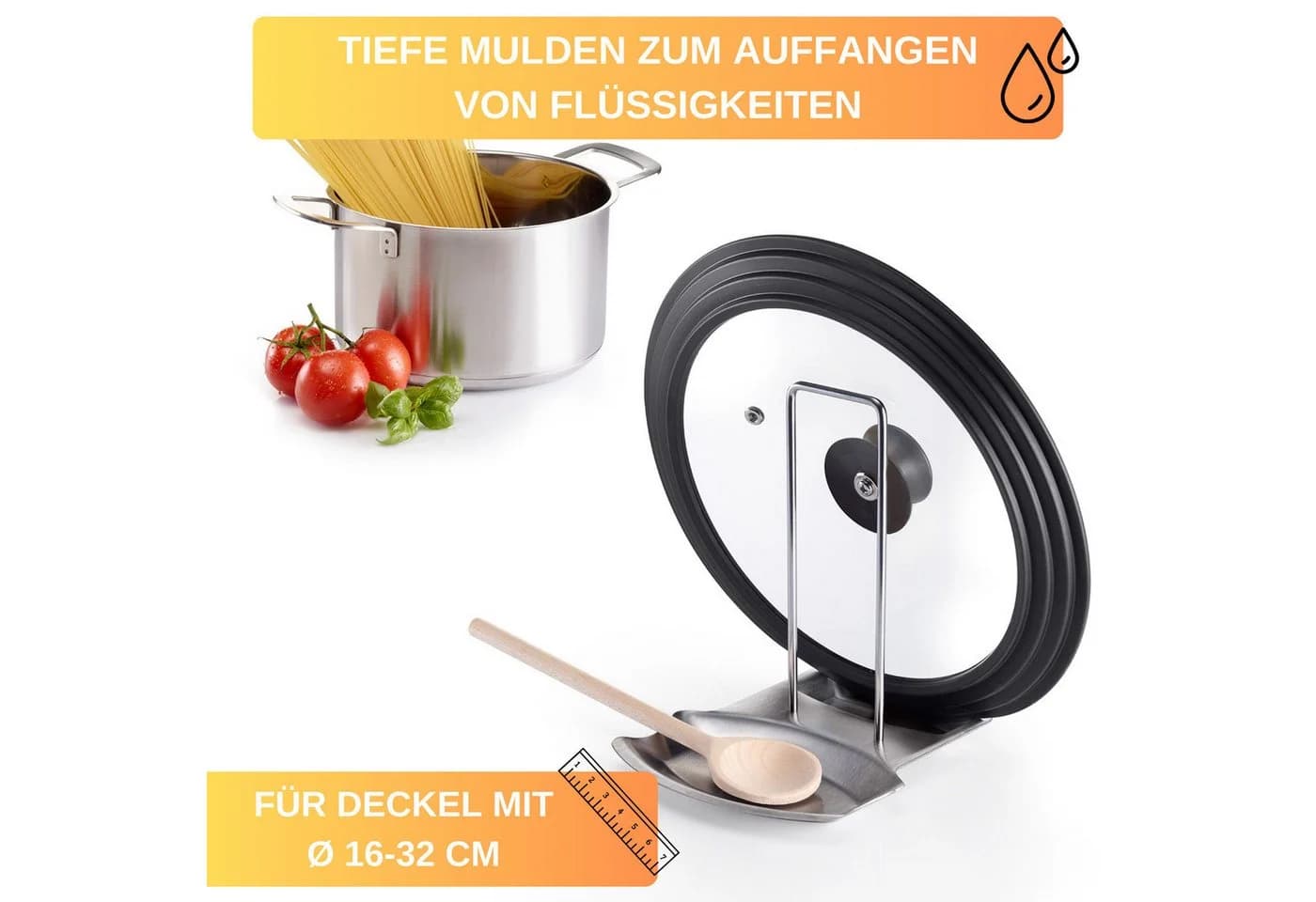 Thiru Kochlöffelhalter Ablage für Deckel + Löffel aus rostfreiem Edelstahl mit tiefen Mulden - Bild 4