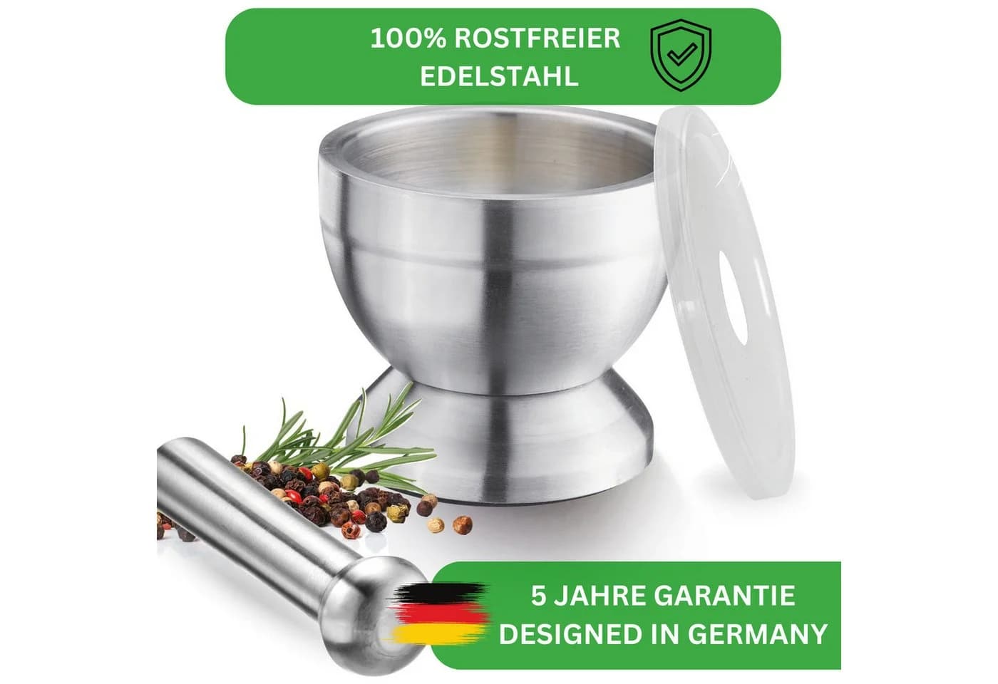 Thiru Mörser Premium Edelstahl mit Stößel und Deckel Ø 10 cm