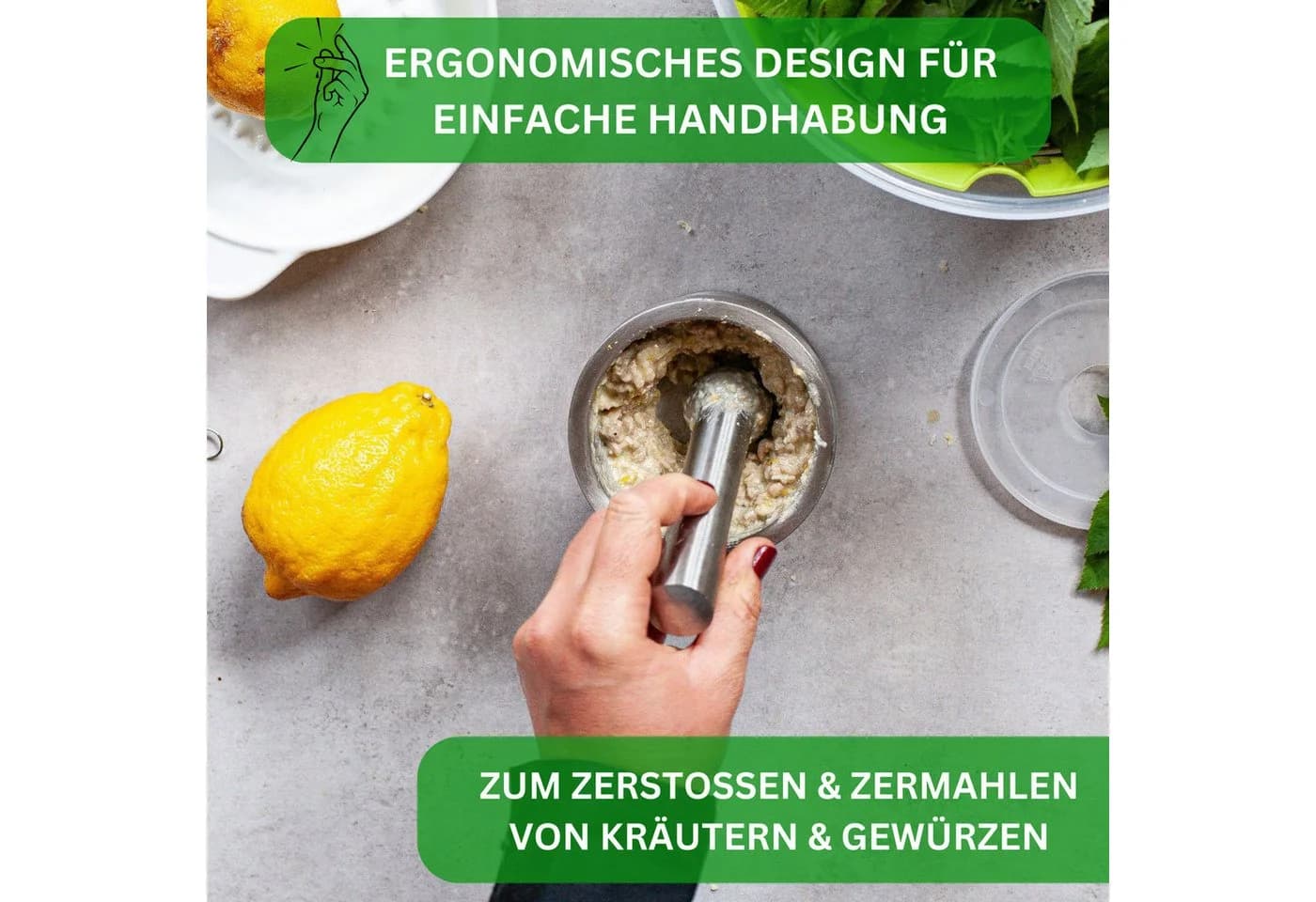 Thiru Mörser Premium Edelstahl mit Stößel und Deckel Ø 10 cm - Bild 4