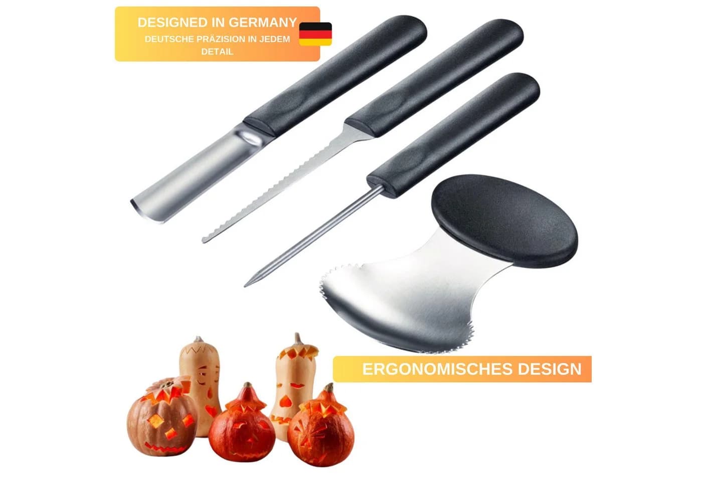 Thiru Kürbis Schnitz-Set Halloween 4-tlg. Edelstahl mit Vorlagen