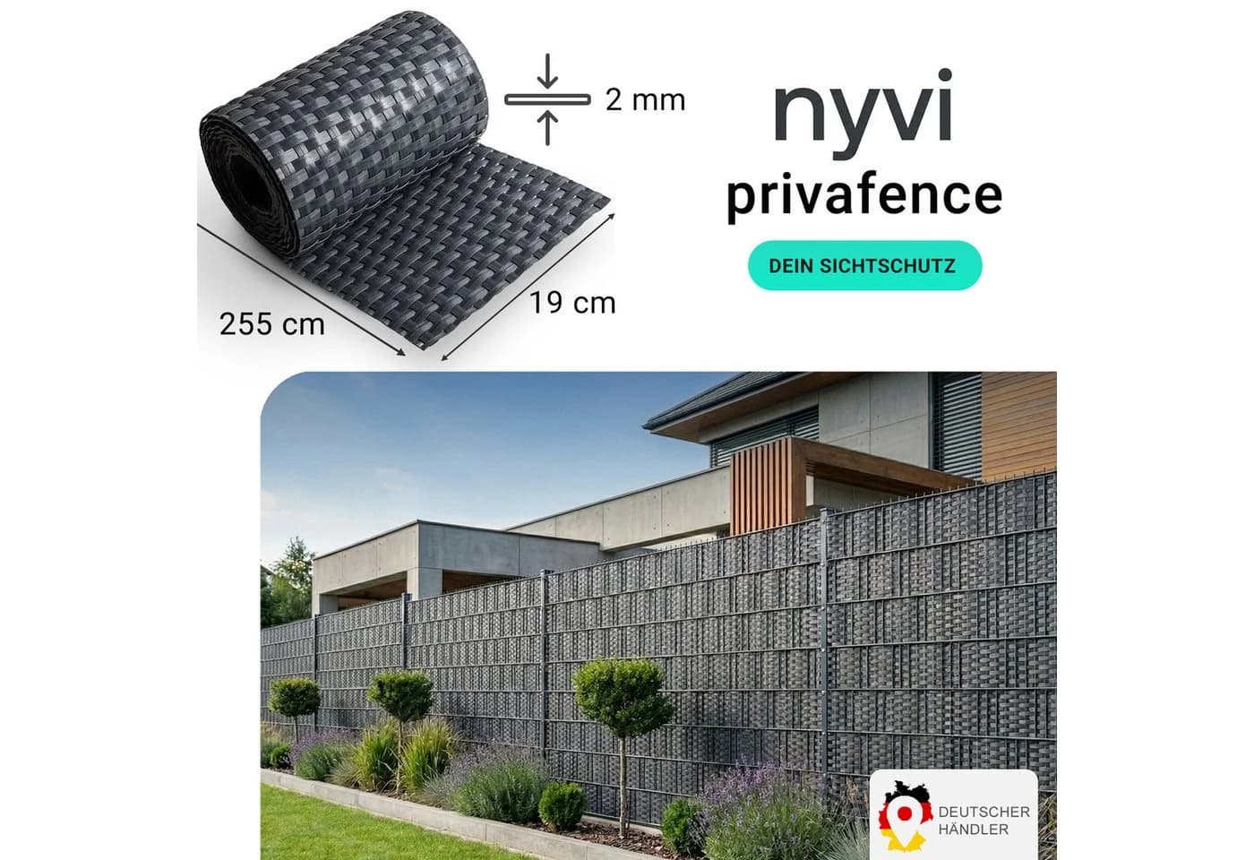 NYVI Sichtschutzstreifen Privafence Anthrazit Wetterfest 3D Optik - Bild 2
