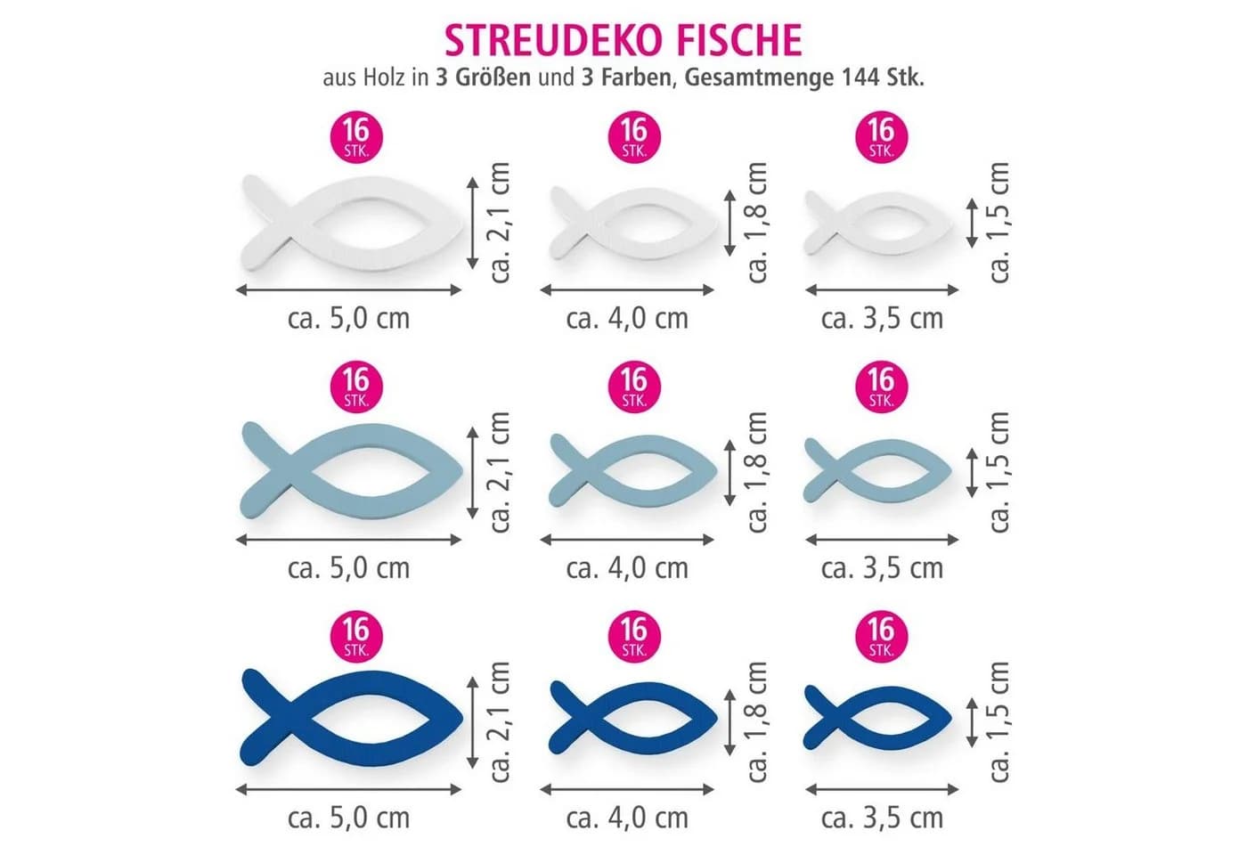 itenga Streudeko Fische 144er Pack Holz 3 Größen 3 Farben