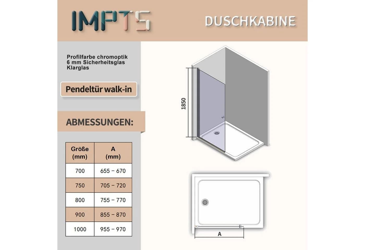 IMPTS Walk-in-Dusche Glaswand 6mm ESG Pendeltür - Bild 5
