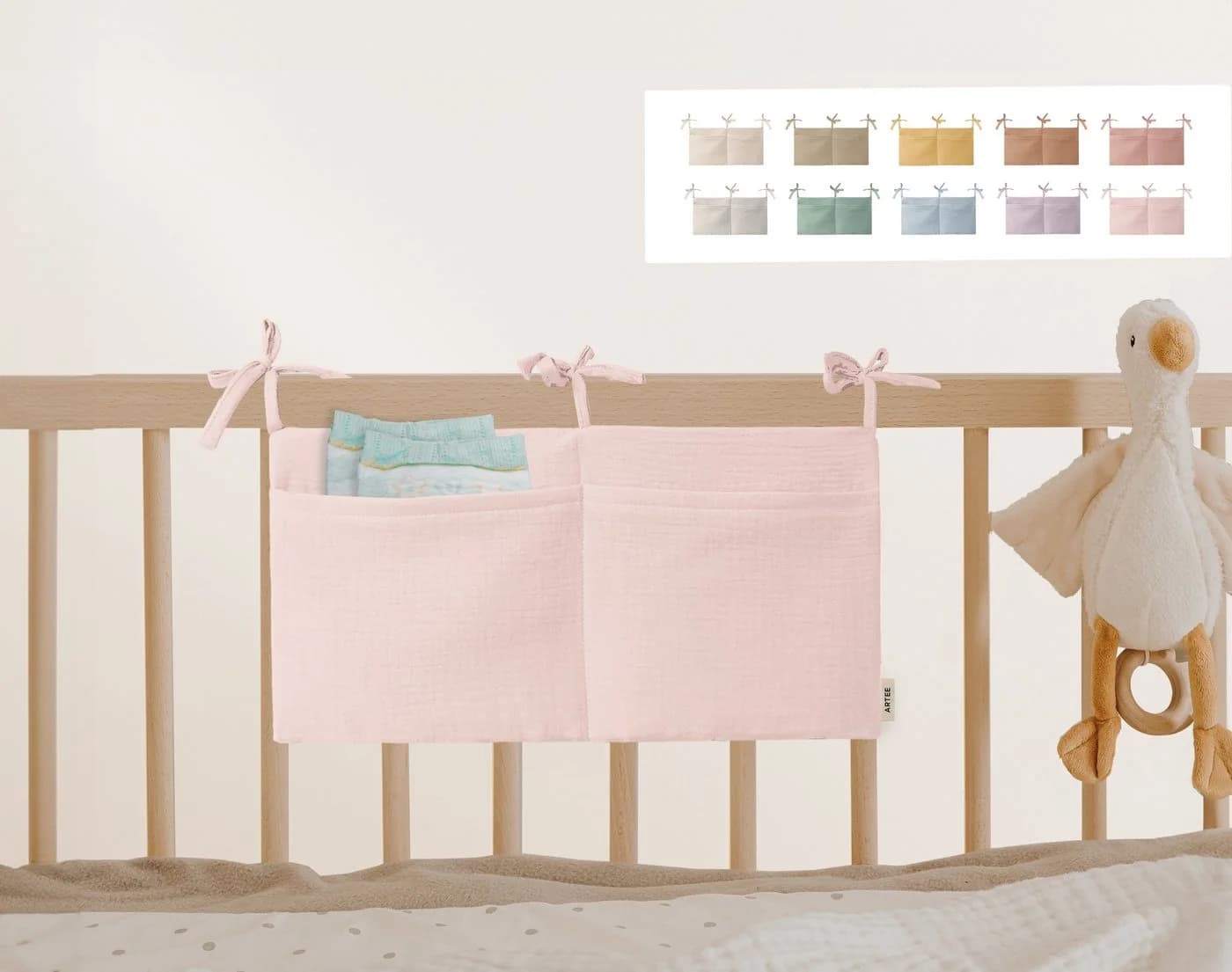 Artee Bettnestchen Organizer Taschen Aufbewahrung aus Musselin Rosa - Bild 2