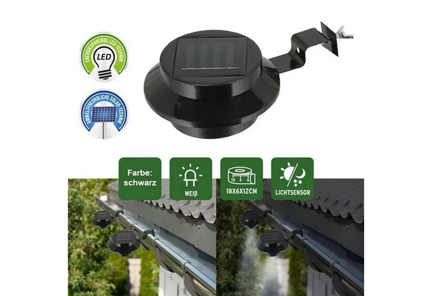 HAC24 LED Solar-Dachrinnenlampe Schwarz Kaltweiß