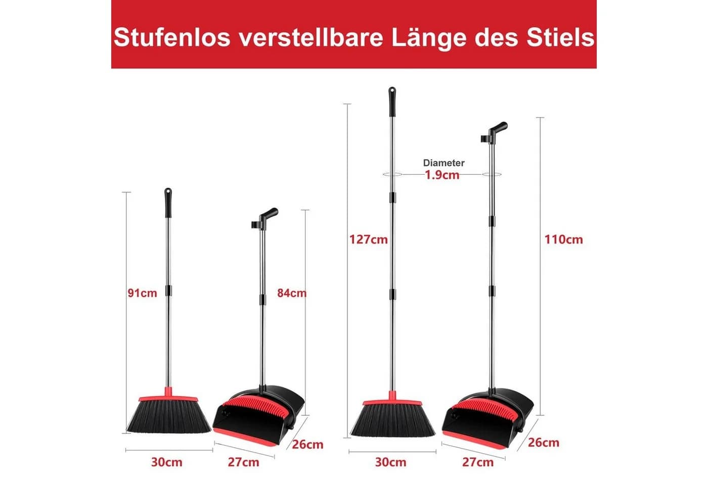VOSSBACH Kehrgarnitur Set mit verstellbarem Edelstahlstiel & Wandhalterung - Bild 3