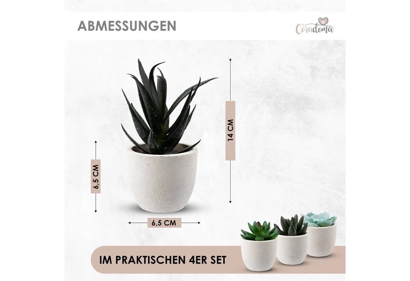 Coradoma Kunstpflanzen Mini Set im Topf Modern Weiß Sukkulente Deko