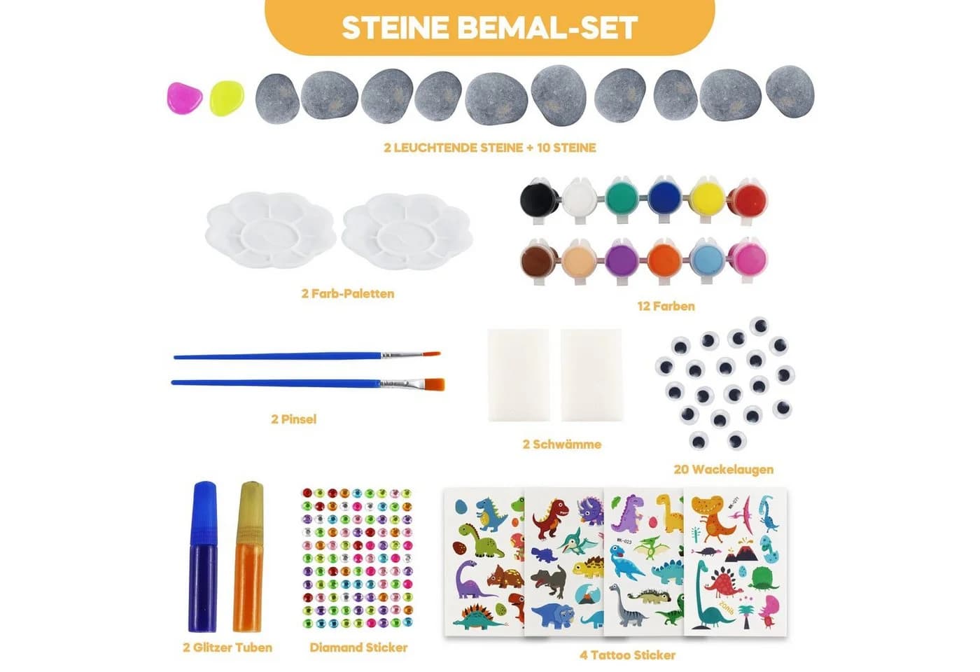 Coradoma Kreativset Steine zum Bemalen DIY Set 10 Steine + 2 Leuchtsteine