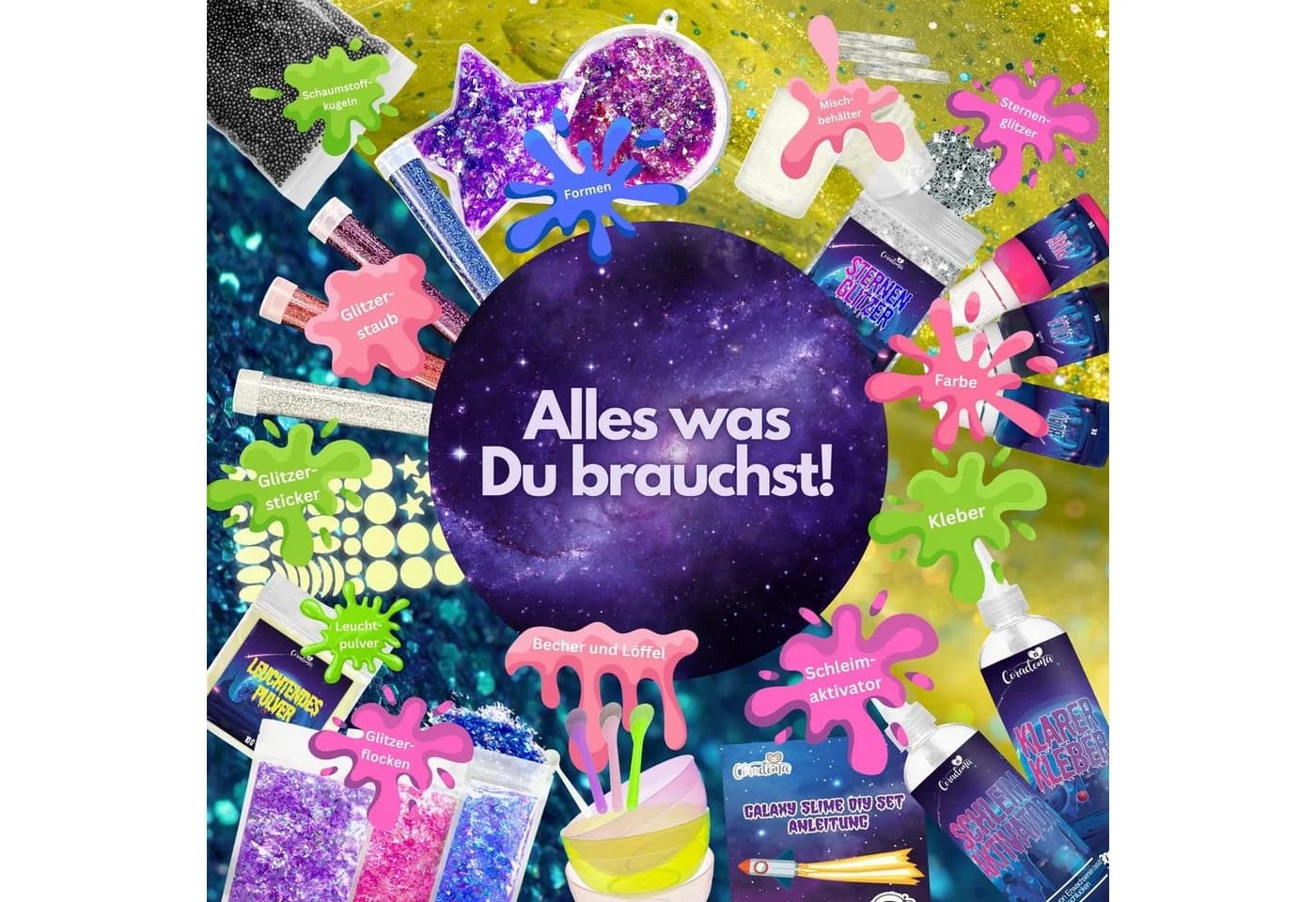 Coradoma Kreativset Galaxy Slime Kit DIY mit Glow in the dark Pulver