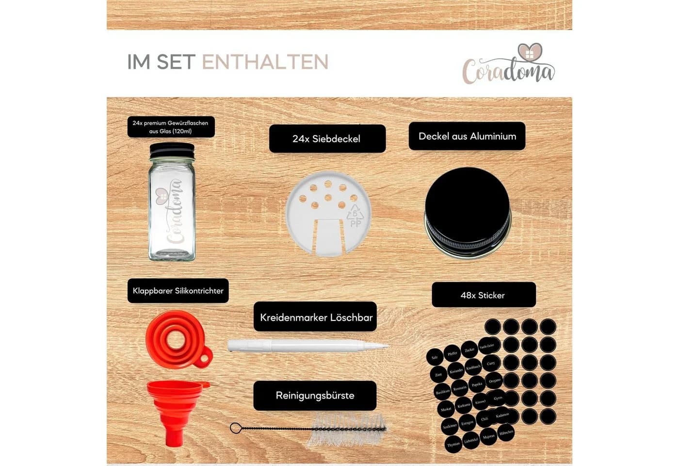 Coradoma Gewürzgläser Set 24-tlg. Glas Eckig mit Zubehör