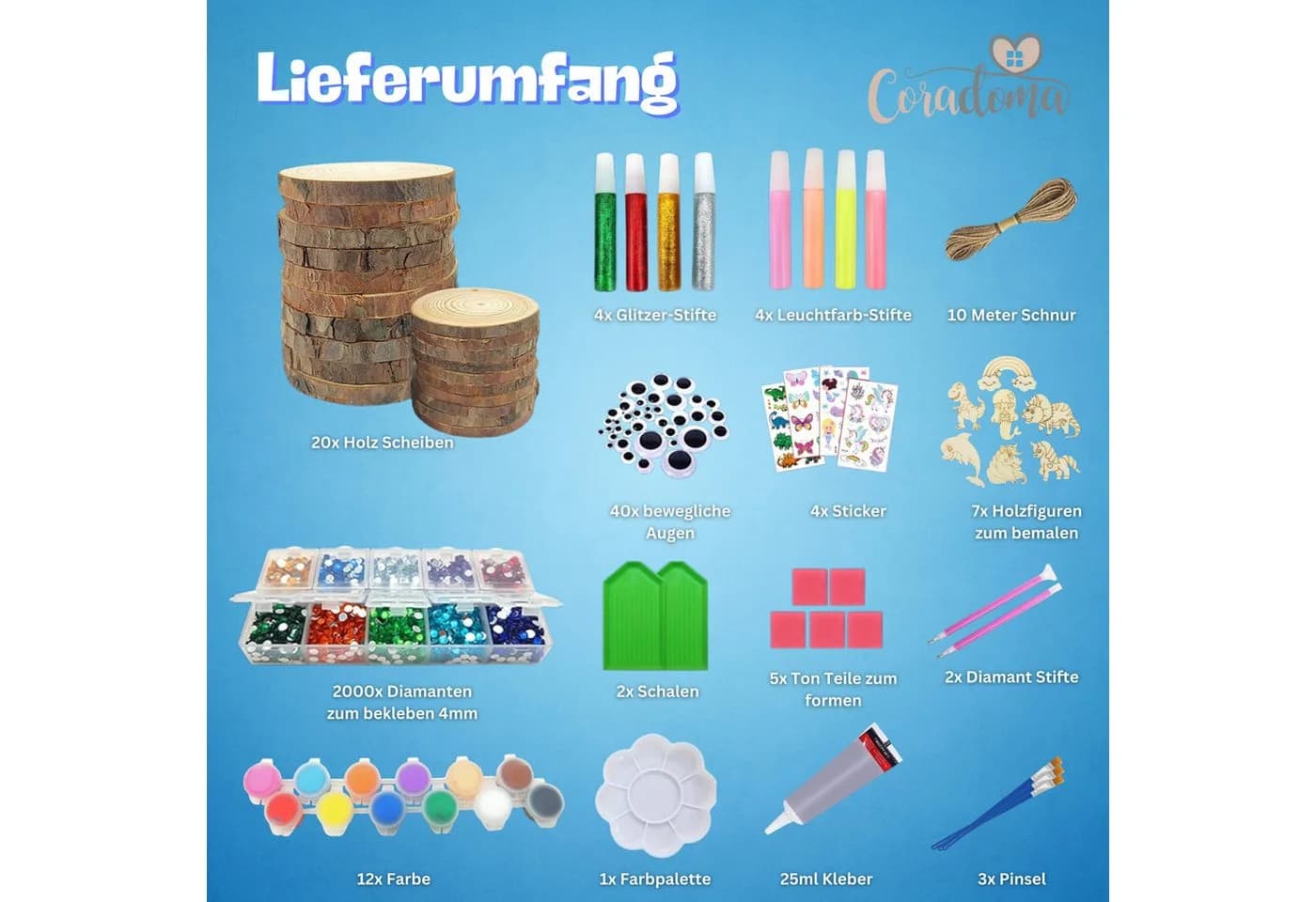 Coradoma Kreativset Holzscheiben zum Bemalen DIY Set mit 20 Holzscheiben Bunt