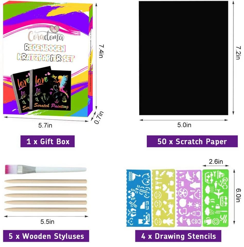 Coradoma Malvorlage Regenbogen Kratzpapier Set 50 Bögen zum Zeichnen Magic Kratzbilder