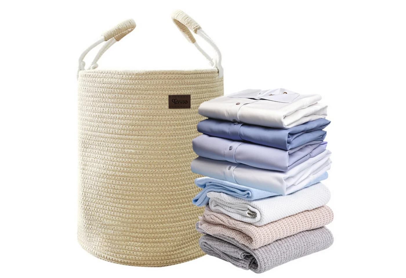 Lyveo Wäschekorb Baumwolle 58L Beige mit Griffen faltbar - Bild 2