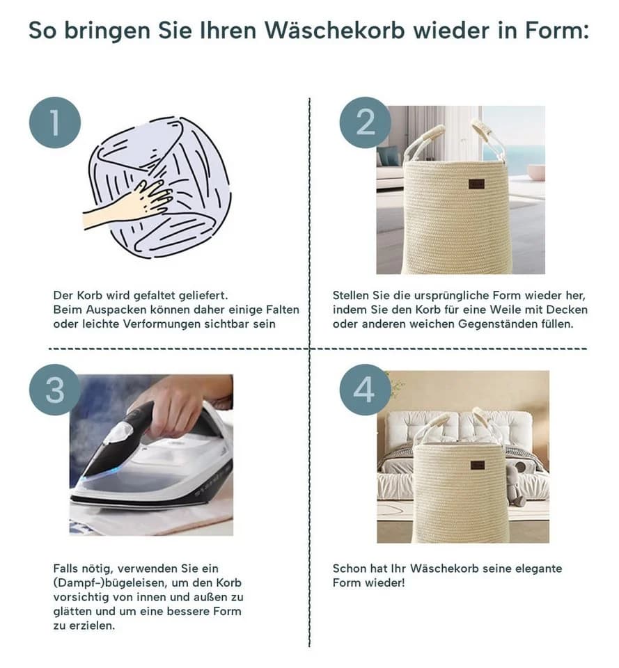 Lyveo Wäschekorb Baumwolle 58L Beige mit Griffen faltbar - Bild 4
