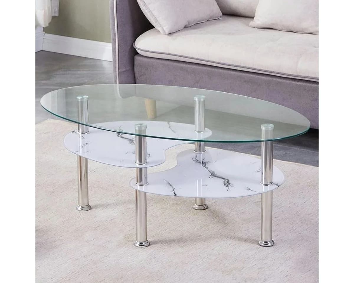 HOOZ Couchtisch 98x55cm Klarglas mit Marmorweiß Ablage