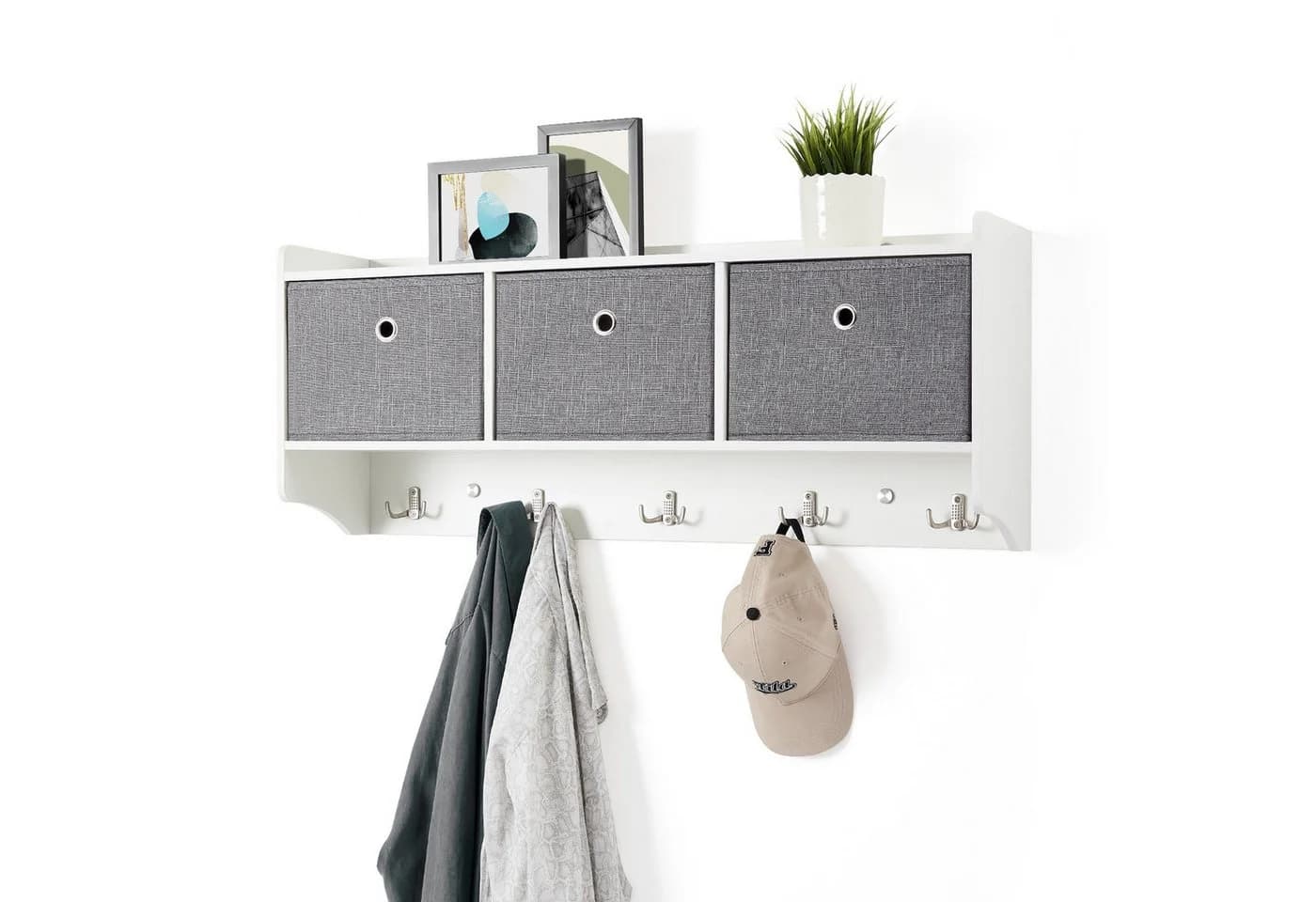 Mondeer Wandgarderobe Wandregal Weiß mit 3 Körben und 5 Haken - Bild 3