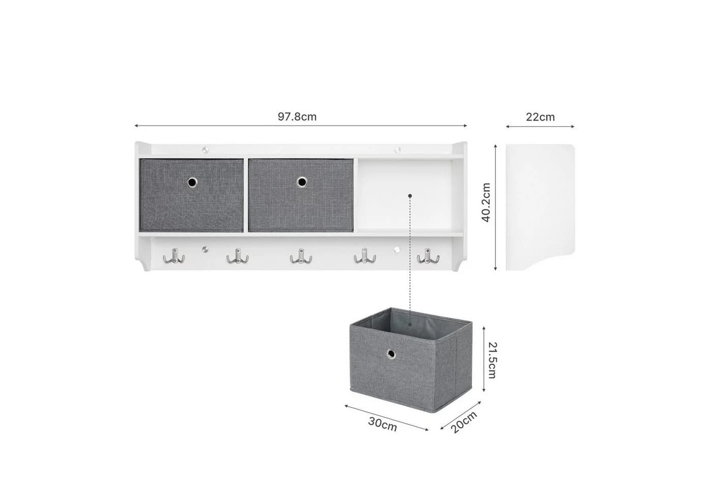 Mondeer Wandgarderobe Wandregal Weiß mit 3 Körben und 5 Haken - Bild 4