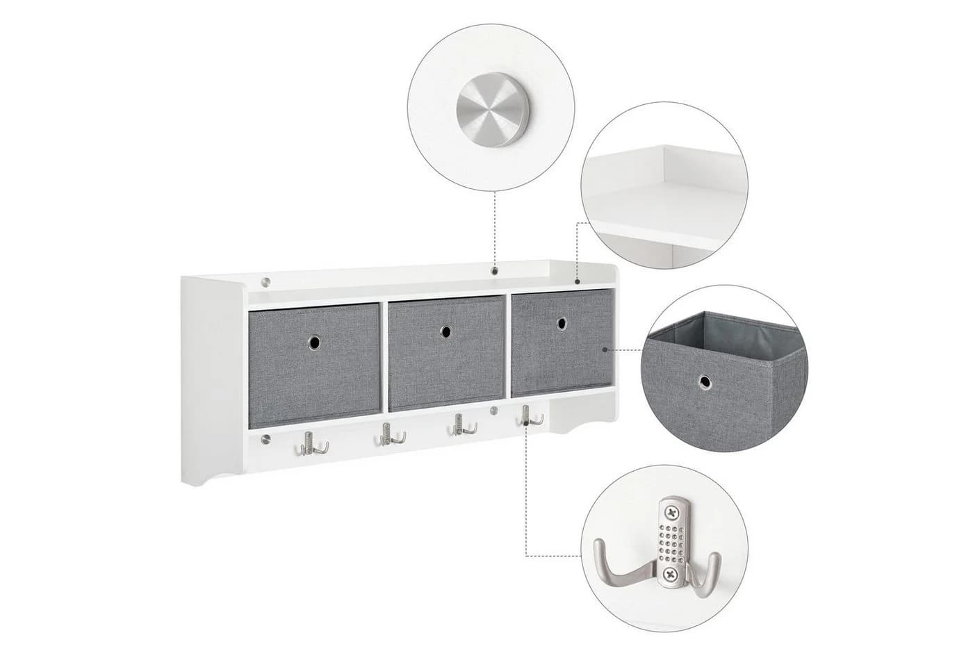 Mondeer Wandgarderobe Wandregal Weiß mit 3 Körben und 5 Haken - Bild 5