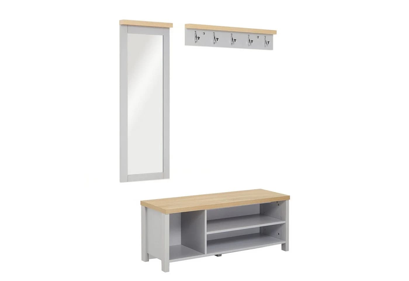 Mondeer Garderoben-Set 3-tlg. Schuhbank Wandspiegel Wandgarderobe Grau+Natur - Bild 2