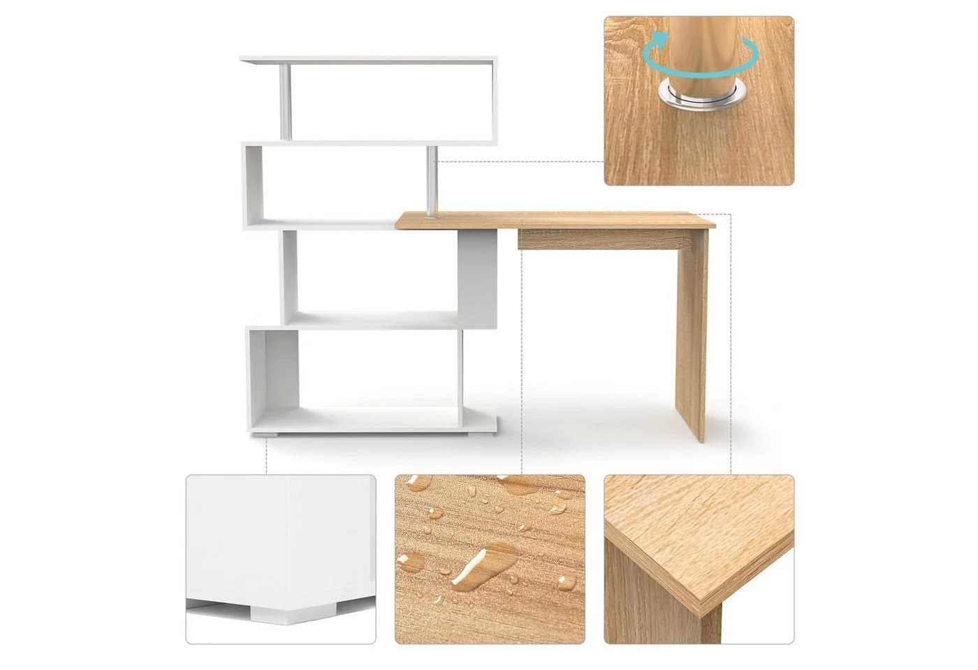 Mondeer Eckschreibtisch Drehbar mit Regal Weiß/Holz - Bild 3