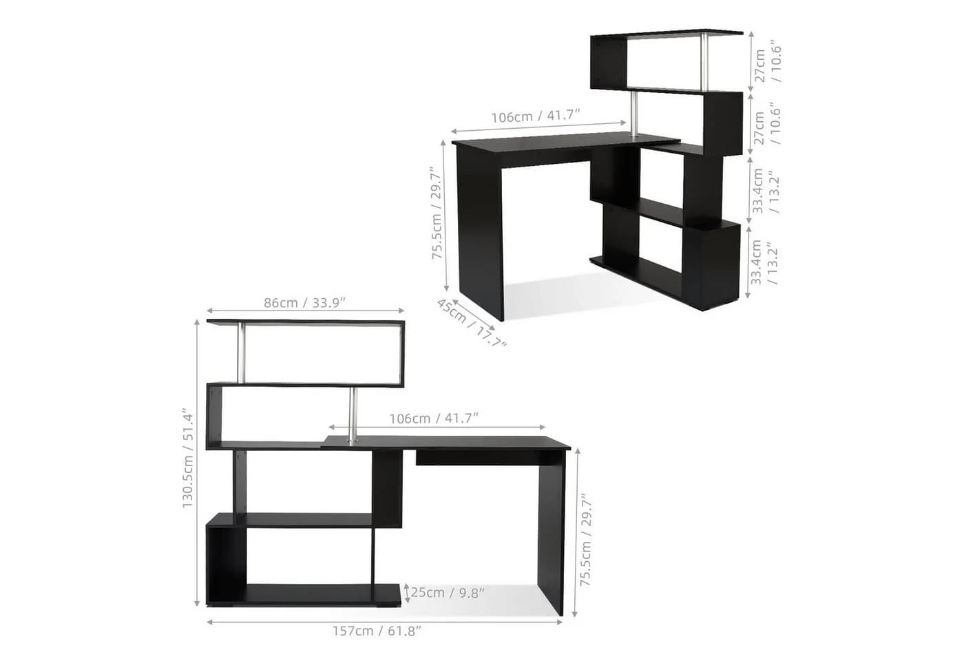 Mondeer Eckschreibtisch Weiß/Schwarz Drehbar mit Regal