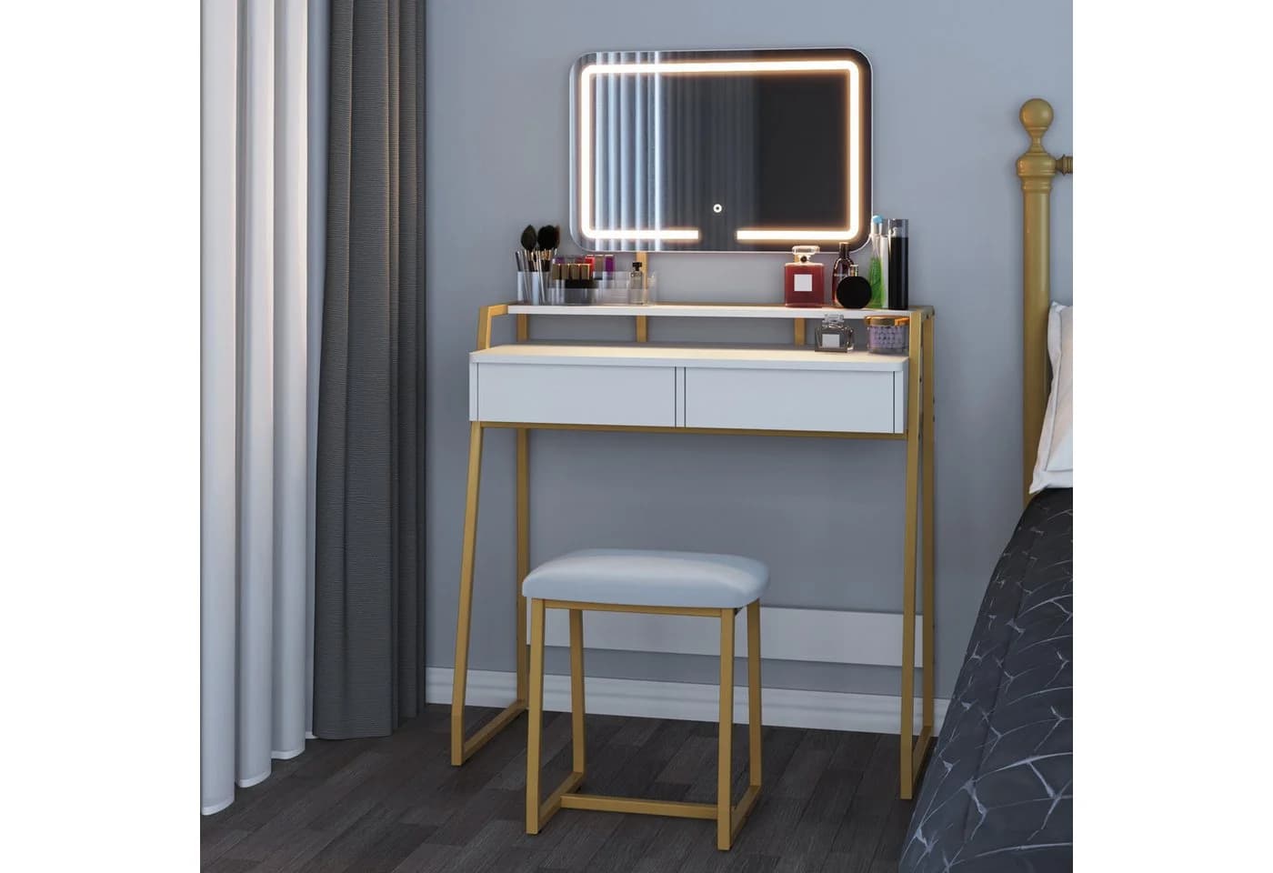 Mondeer Schminktisch Set Weiß/Gold mit LED Spiegel und Hocker