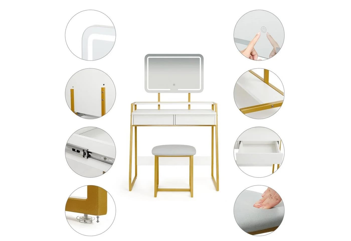 Mondeer Schminktisch Set Weiß/Gold mit LED Spiegel und Hocker - Bild 4
