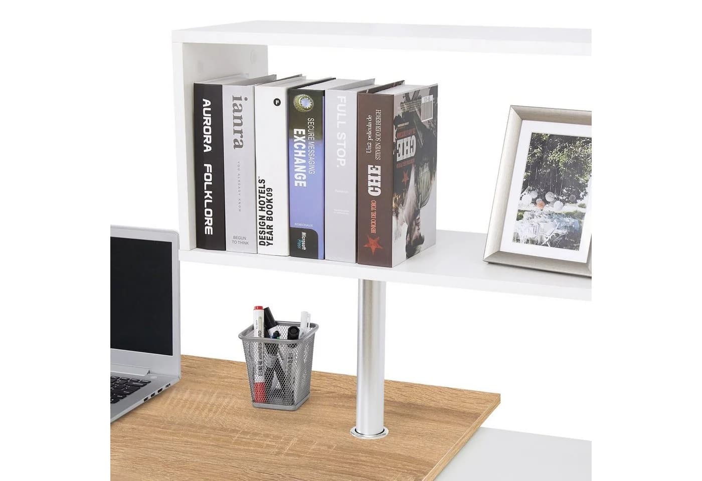 Mondeer Eckschreibtisch mit drehbarem Bücherregal Weiß Braun - Bild 5