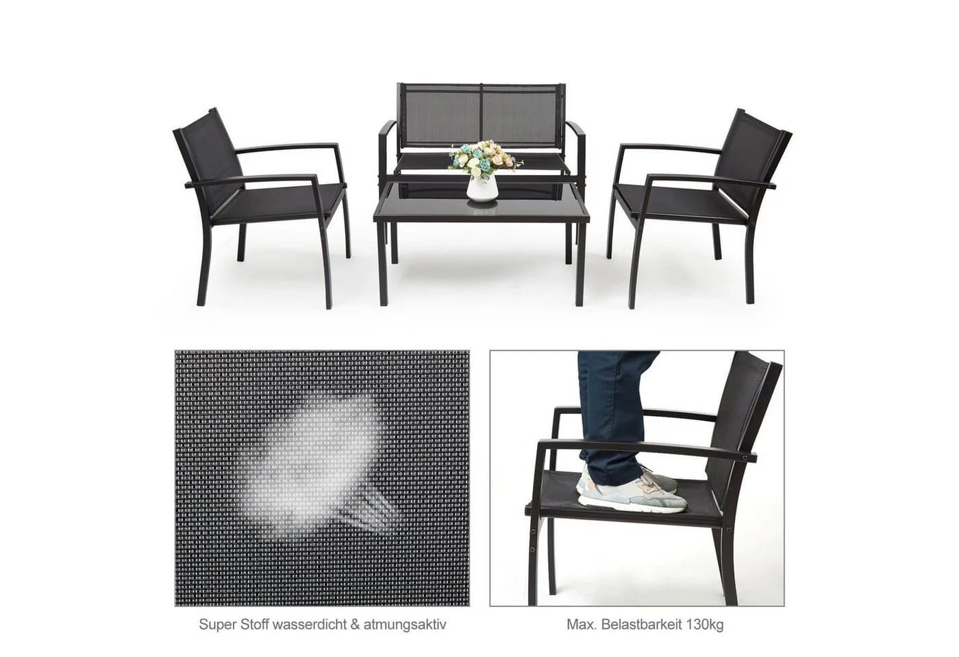 Mondeer Balkonset 4-tlg. Schwarz Stahl Glas - Bild 5