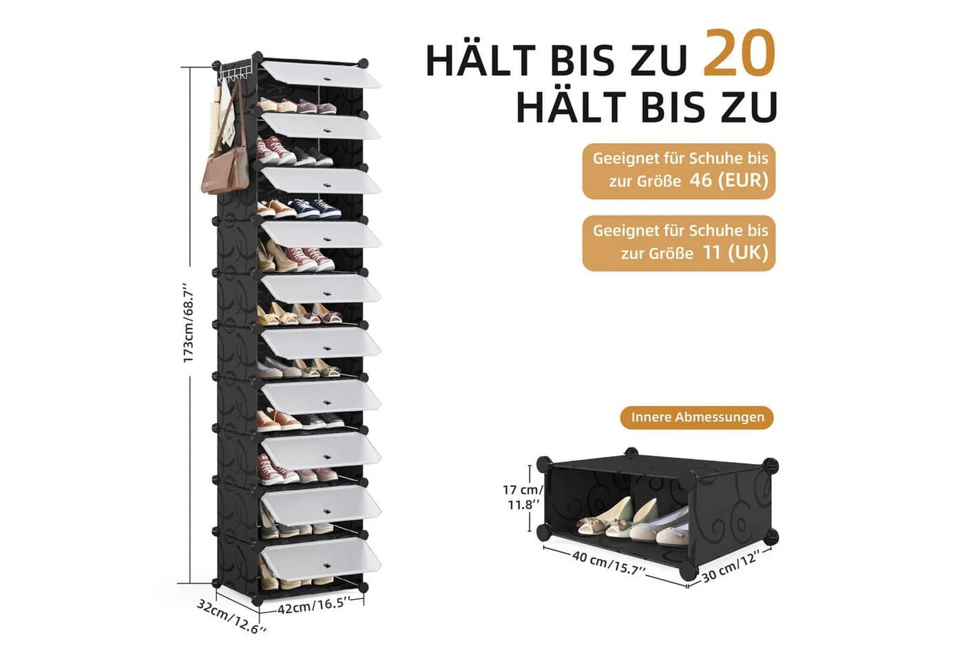 Mondeer Schuhregal Schwarz Kunststoff mit Tür für 10-20 Paar - Bild 5