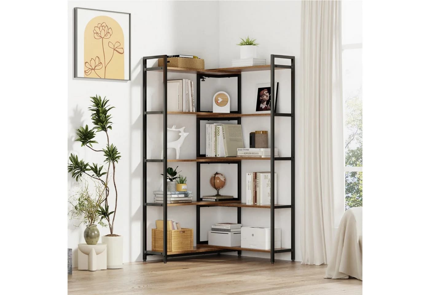 Mondeer Bücherregal Eckregal 5-stufig Retro-Braun