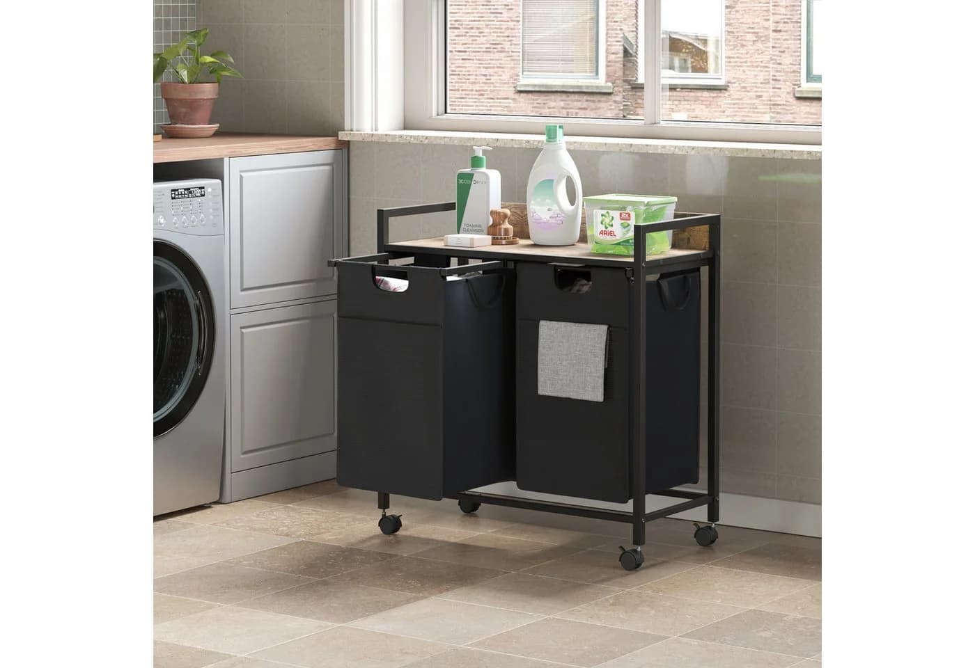 Mondeer Wäschekorb Metallgestell Schwarz 2x50L mit Rollen