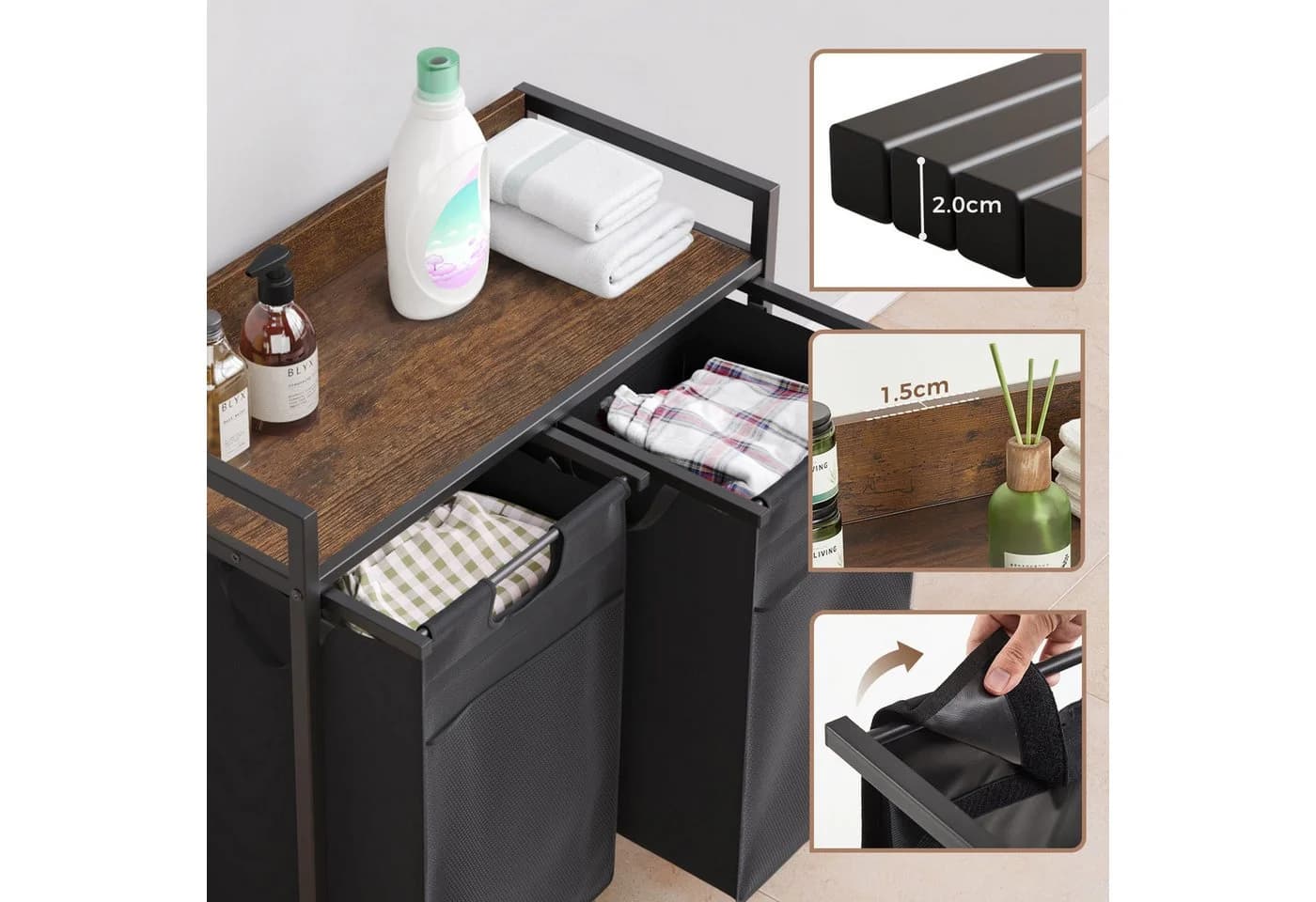 Mondeer Wäschekorb Metallgestell Schwarz 2x50L mit Rollen - Bild 3