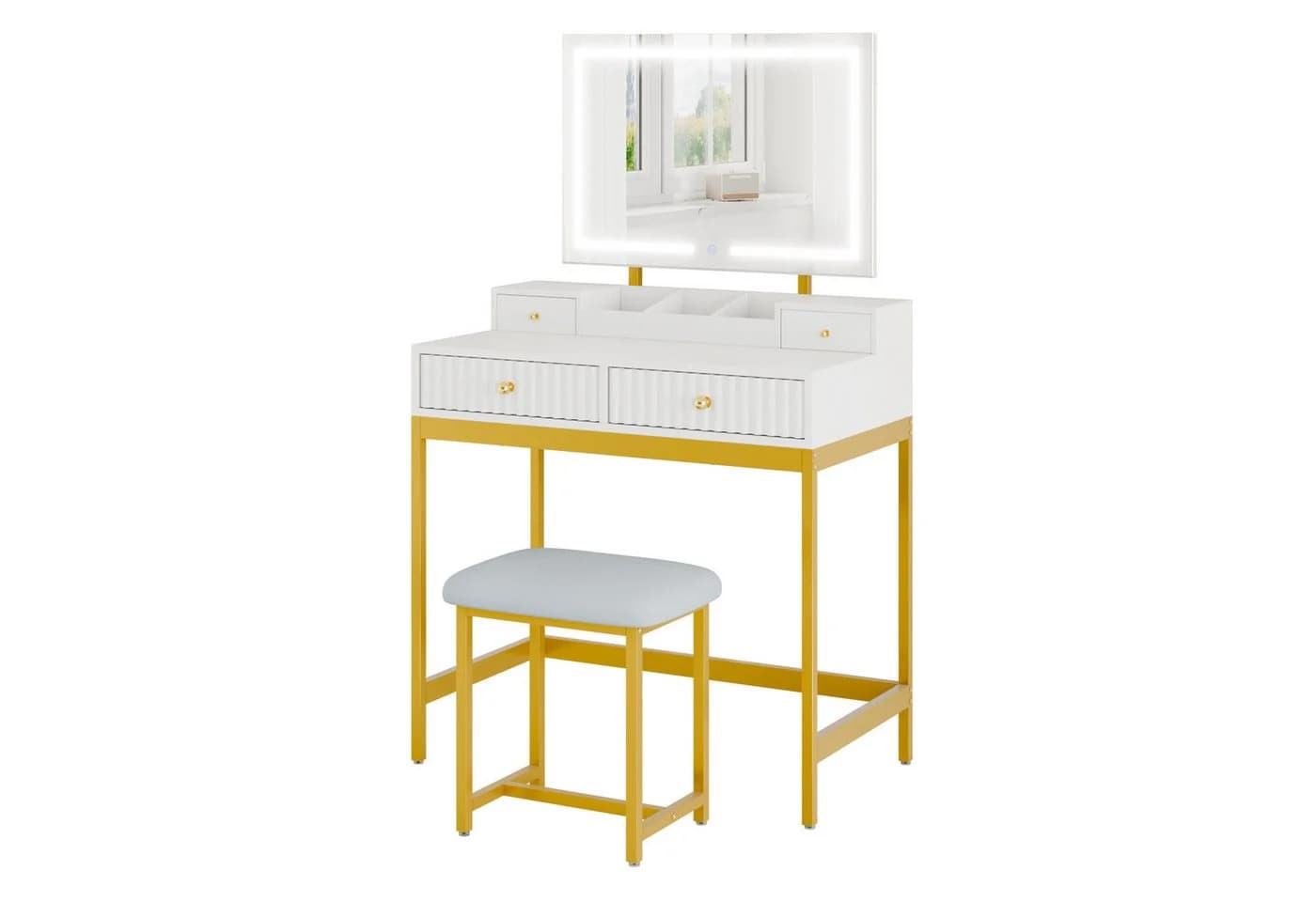 Mondeer Schminktisch mit Hocker, LED-Spiegel Weiß/Gold - Bild 2