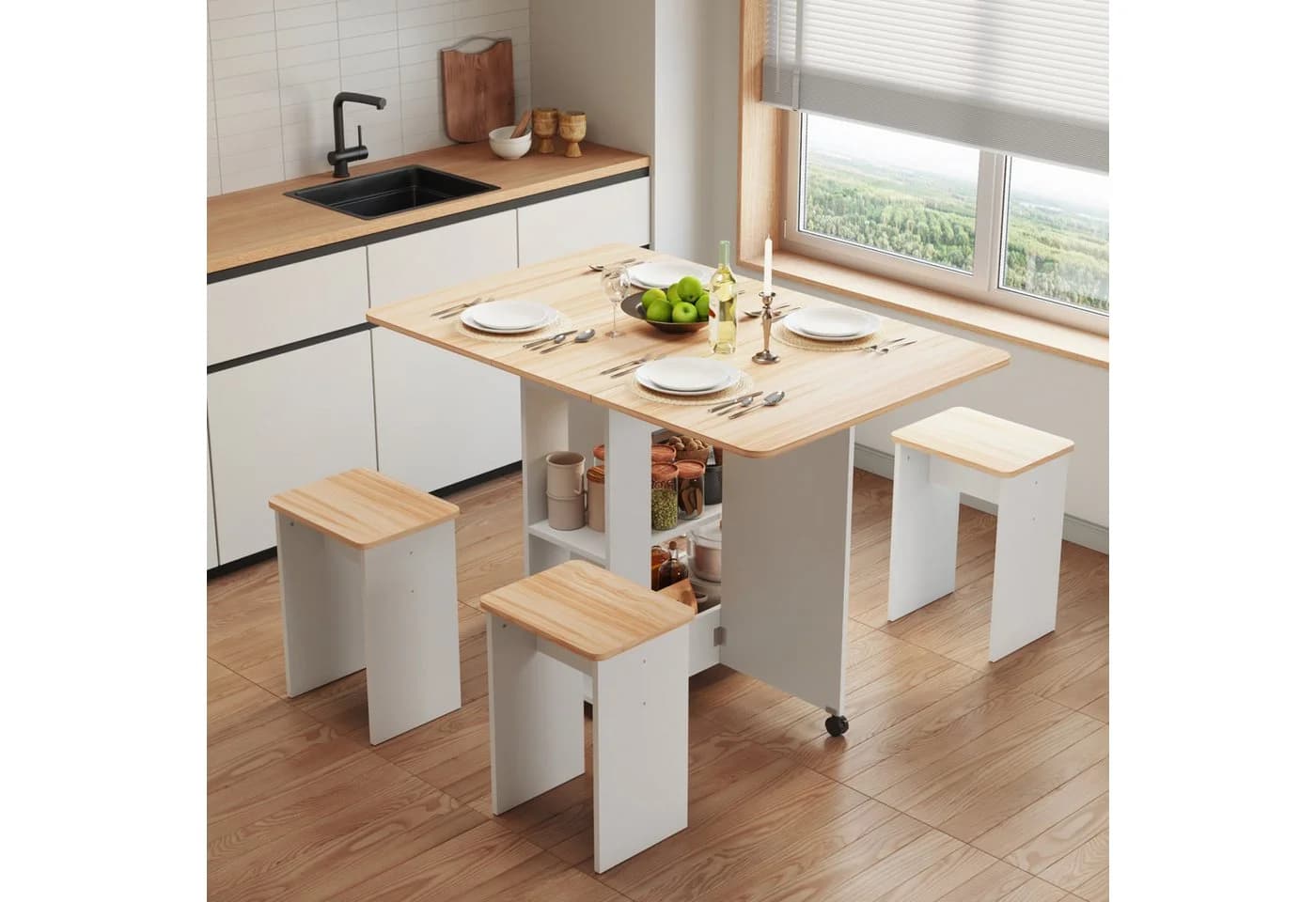 Mondeer Essgruppe mit 4 Hockern Weiß/Roteiche 3-in-1 Funktion