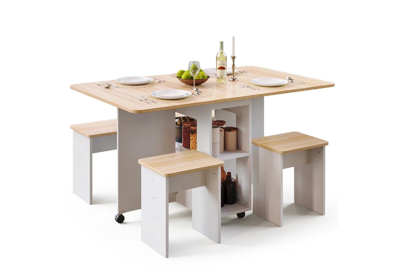 Mondeer Essgruppe mit 4 Hockern Weiß/Roteiche 3-in-1 Funktion - Bild 3