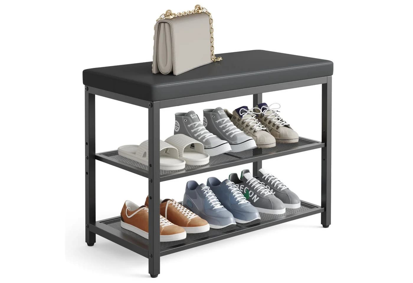 Mondeer Schuhbank Schwarz mit gepolstertem Kissen und 3-stufigem Netzregal - Bild 3