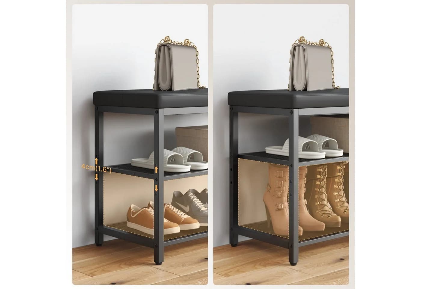 Mondeer Schuhbank Schwarz mit gepolstertem Kissen und 3-stufigem Netzregal - Bild 4