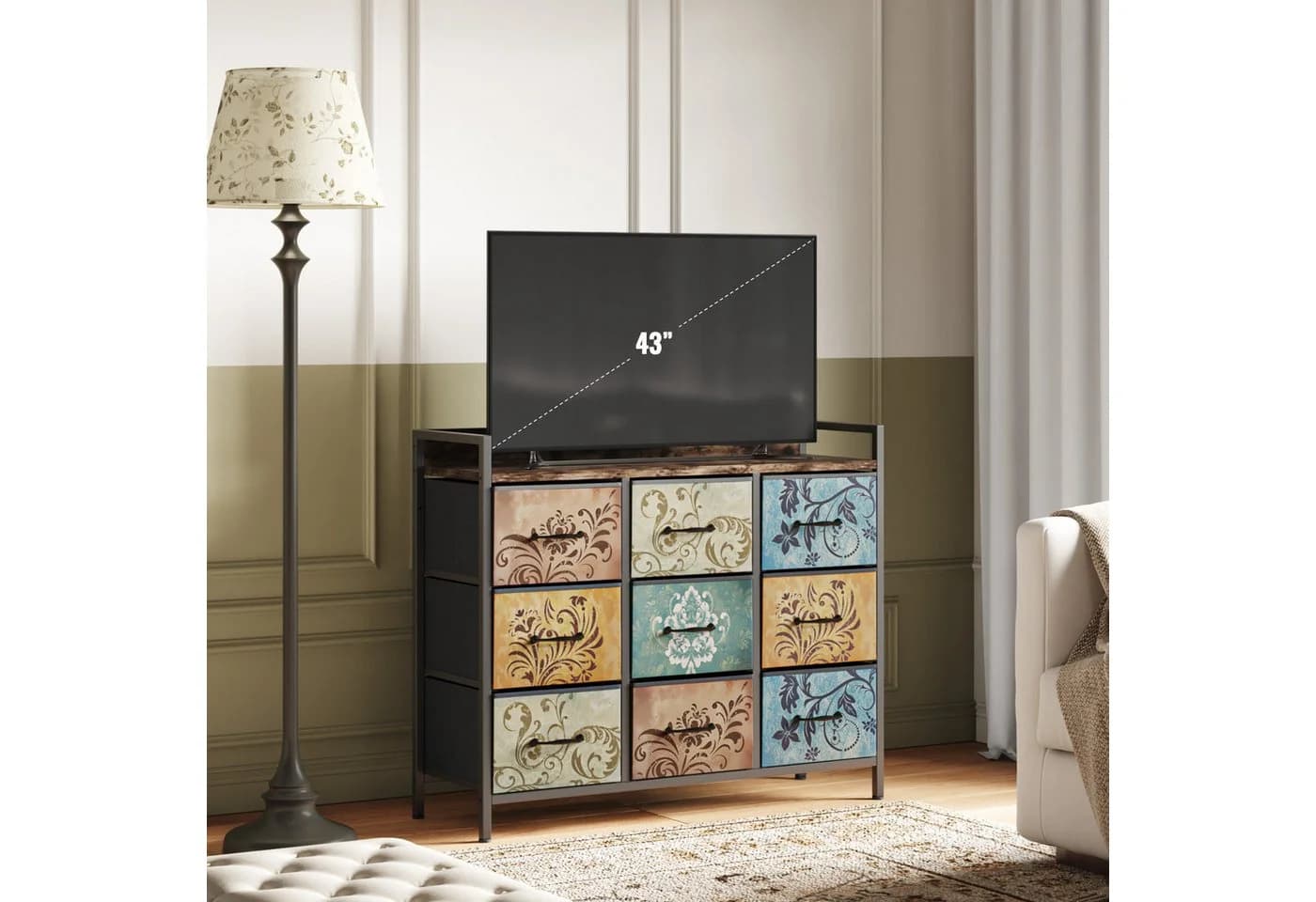 Mondeer Kommode Schubladenschrank 9 Blumenstoff Schubladen Metallrahmen